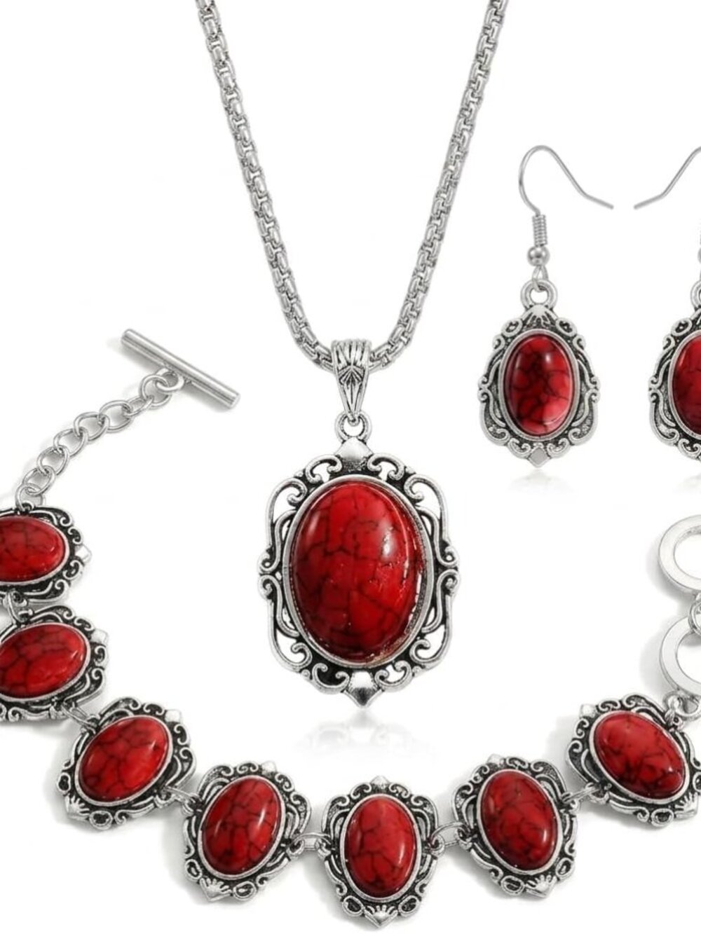 Western Turquoise Jewelry Set‌s, Vintage Silver Tone Oval Synthetic Stone Neckla